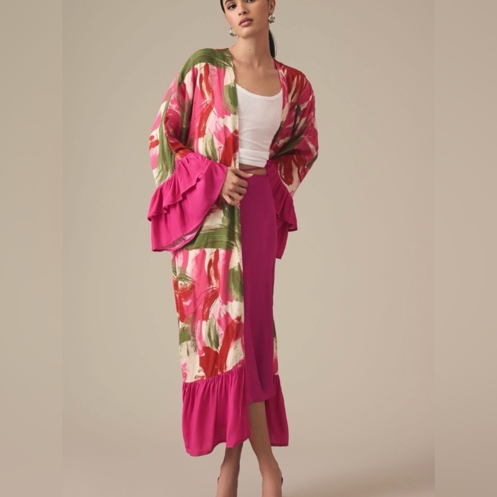 Anthropologie Bel Kazan Printed Ruffle-Sleeve Kimono